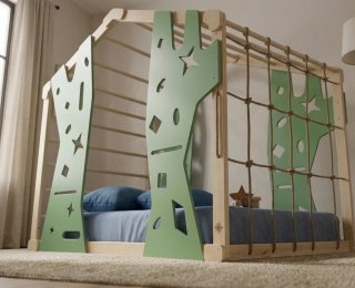 Cama casita infantil Montessori madera rocódromo