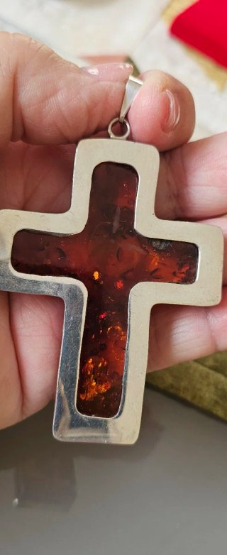 C Gran colgante Cruz Plata y Ámbar Báltico