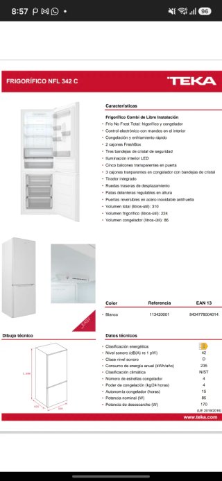 Frigorífico Teka NFL 342 WH No Frost- NUEVO