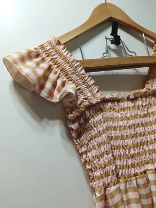 Vestido largo vichy marrón y rosa
