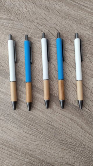 Lote 5 bolígrafos NALONAK madera y blanco/azul