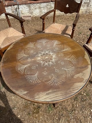 Conjunto 4 Butacas y mesa Antiguas Madera y Yute