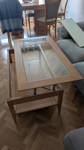 Mesa de centro elevable de madera y cristal