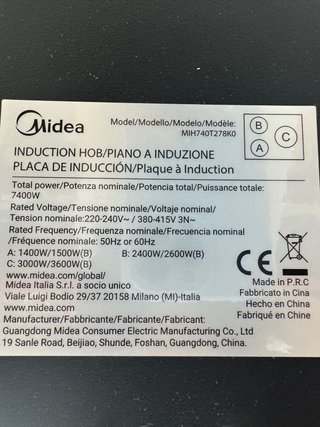 Placa Inducción Midea 60cm MIH740T278K0