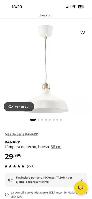 Lámpara colgante Ranarp Ikea blanca y dorada