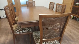 Conjunto comedor vintage madera y cristal