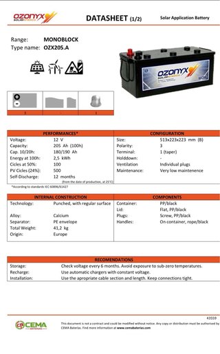 Batería Ozonix DZX205.S 12V 205Ah