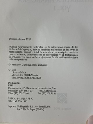 Libro CURSO MATEMATICA FINANCIERA VOL. I.
