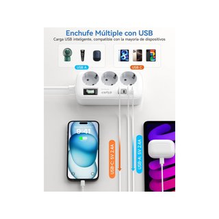 Regleta enchufes plano 3 tomas 4 USB 2M