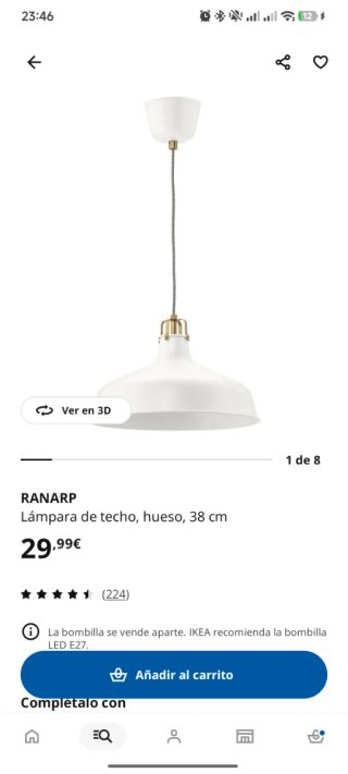 Lámpara colgante Ikea blanca y dorada