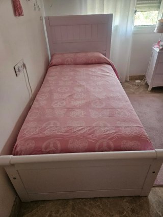 Cama madera blanca 90x190 con 3 cajones y colchón