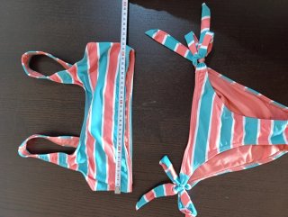Conjunto Bikini Rayas Rojo y Turquesa