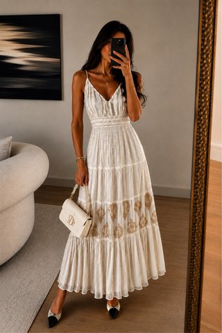 Vestido Verano Blanco y Dorado