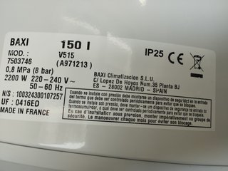 Termo eléctrico Baxi 150L de obra nueva, sin usar