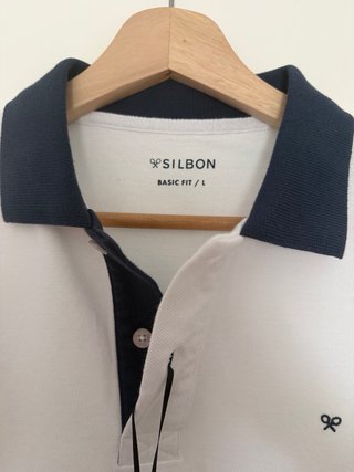 Polo Blanco Silbon con Ribete Azul Marino Talla L