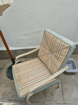Conjunto mesa, 6 sillones y sombrilla jardín
