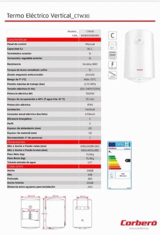 Termo Eléctrico Corberó 30L