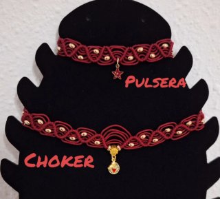 Conjunto Pulsera y Choker Rojo Dorado