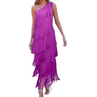 Vestido fiesta fucsia flecos