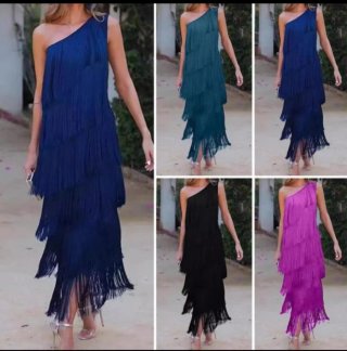 Vestido fiesta fucsia flecos