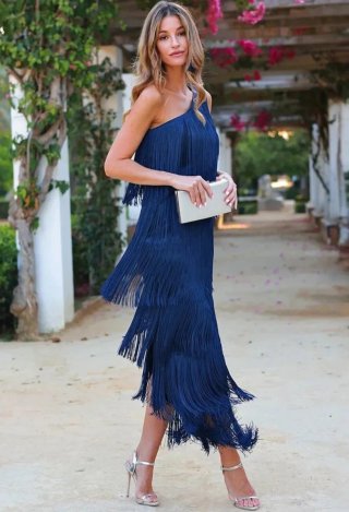 Vestido fiesta fucsia flecos