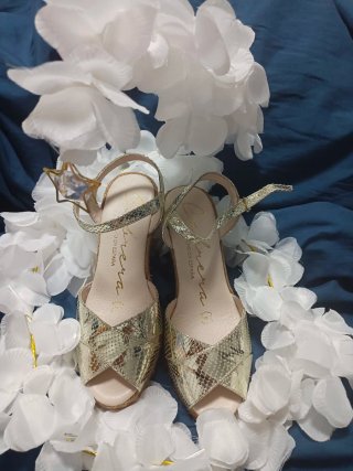 Sandalias de cuña doradas y beige