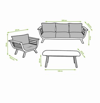 Conjunto sofá 3 plazas, mesa y 2 sillones exterior