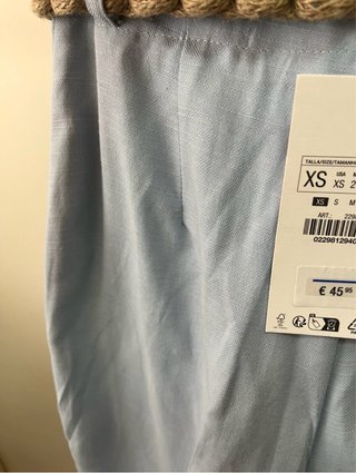 Pantalón Zara Lino Azul Cinturón Trenzado
