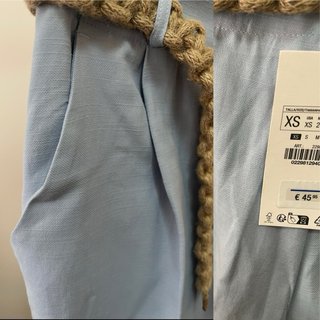 Pantalón Zara Lino Azul Cinturón Trenzado
