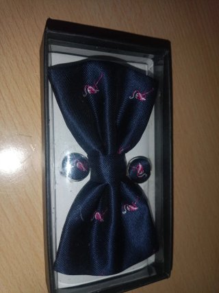 Pajarita, gemelos  y corbata flamencos azul