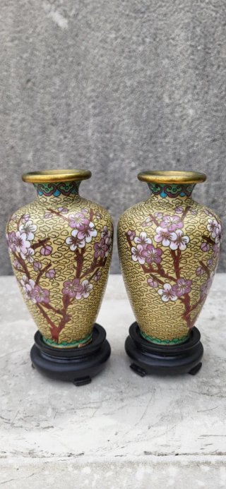 Par Jarrones Chinos Cloisonné Esmalte alambre Flor