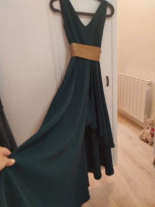 Vestido fiesta largo dorado y verde azulado