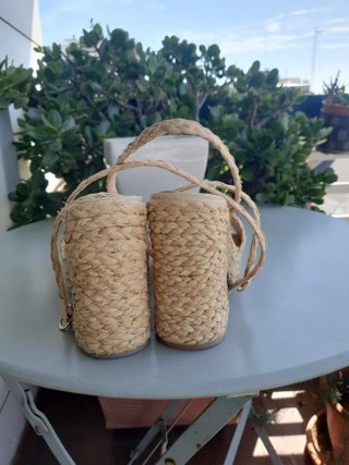 Sandalias Mango Plataforma Rafia Talla 39 Beige