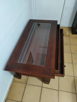 Mesa centro madera maciza con cristal y cajones