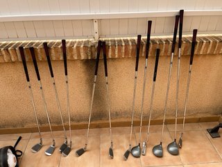 Bolsa de golf con palos, carro, bolas, guante nike