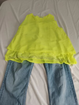 Conjunto Zara Pantalón Azul + Blusa Amarilla Shein