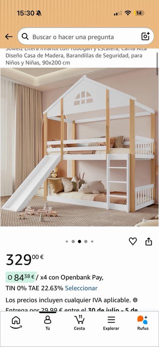 Cama infantil casita con escaleras y tobogán