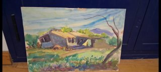Antigua pintura en acuarela paisaje rural 50x40