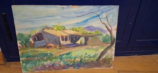 Antigua pintura en acuarela paisaje rural 50x40