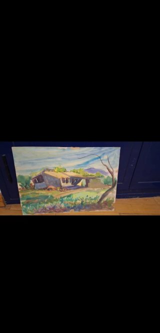Antigua pintura en acuarela paisaje rural 50x40