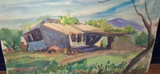 Antigua pintura en acuarela paisaje rural 50x40