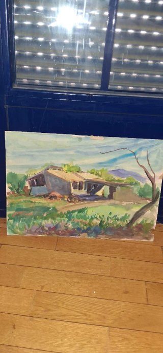Antigua pintura en acuarela paisaje rural 50x40