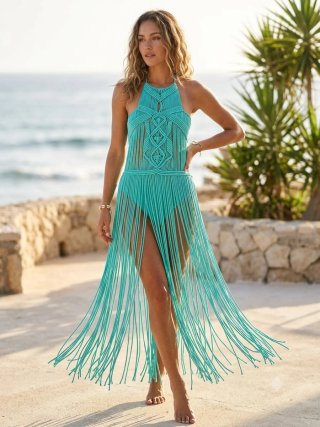 Vestido largo macramé turquesa