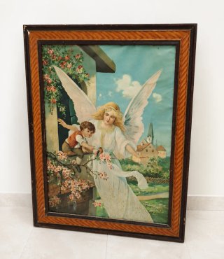 Cuadro antiguo Ángel de la Guarda, marco original.
