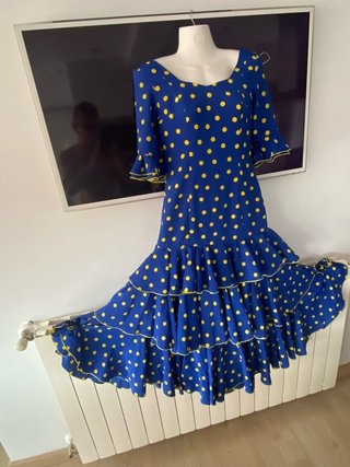 88.-Vestido Flamenco Azul con Lunares Amarillos