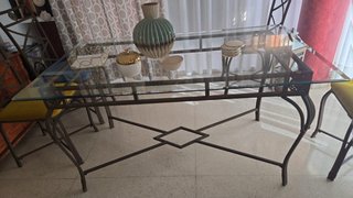 Conjunto mesa forja y cristal + 6 sillas