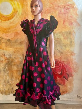 Vestido Flamenco Lunares Negro y fucsia