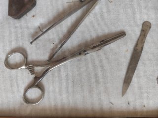 Vecchio quadro strumenti veterinaria
