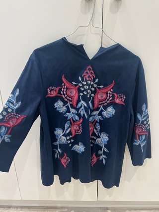Camisa Zara ante bordada azul y rosa