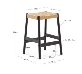 Taburete Yalia de madera maciza de roble con acabado negro y cordón de cuerda, altura 65 cm, FSC 100%